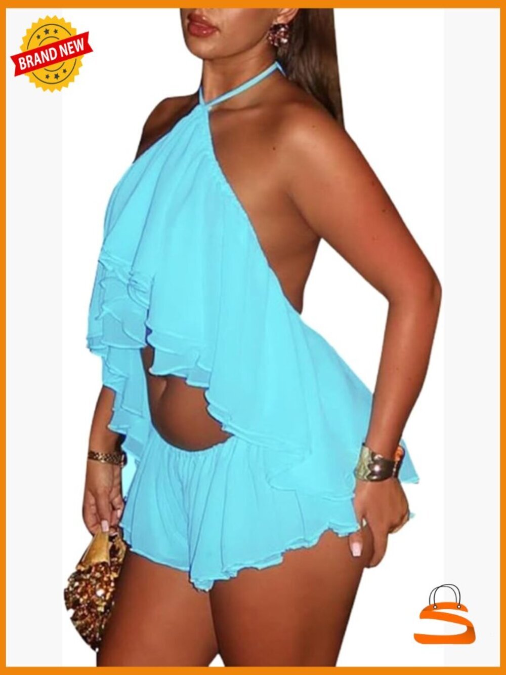 Sexy 2 Piece Set Halter Backless Crop Top Mini Shorts Y2K Club Outfit